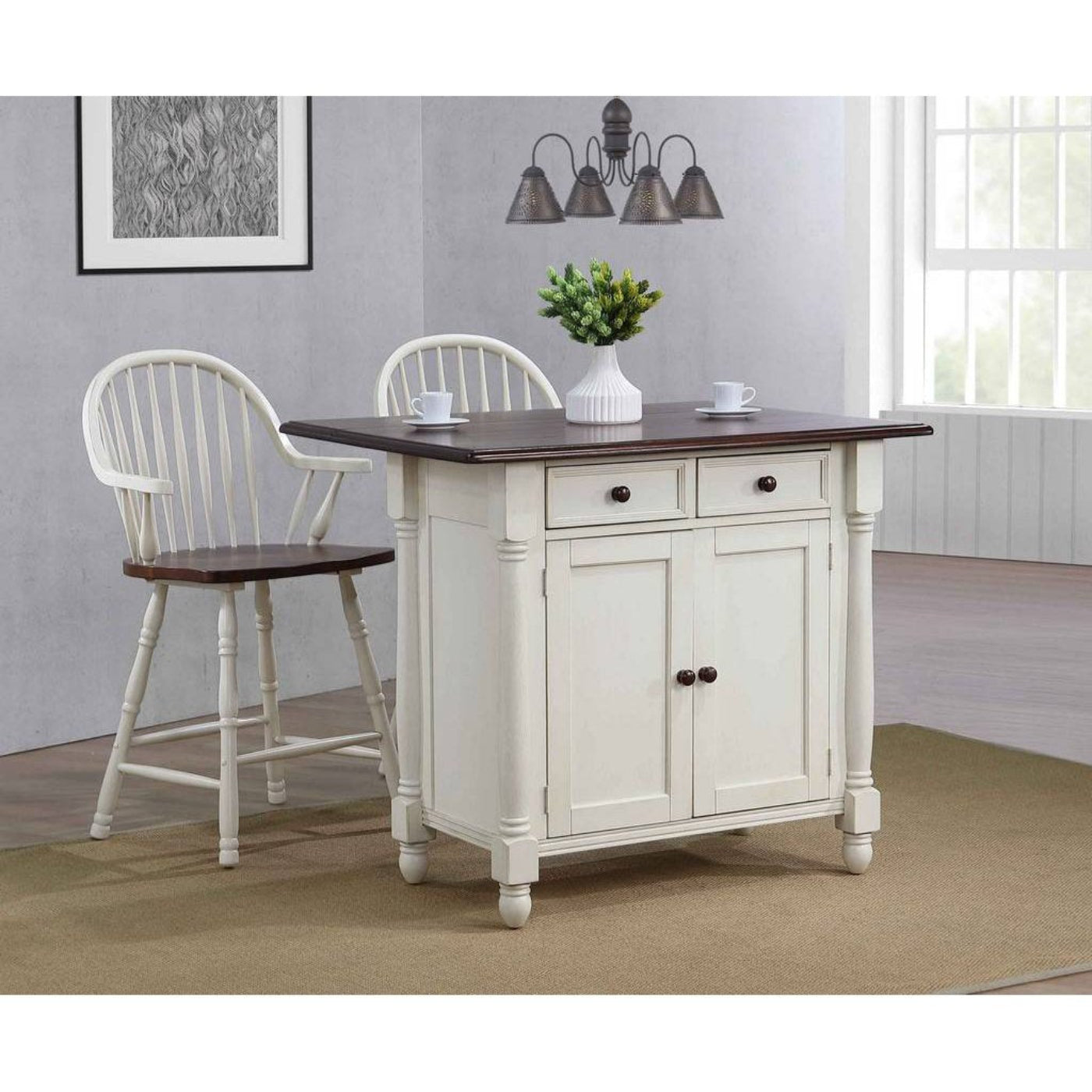Sunset Trading Andrews Antique White Kitchen Island | Chestnut Brown Drop Leaf Top | Drawers and Cabinet - DLU-KI-4222-AW