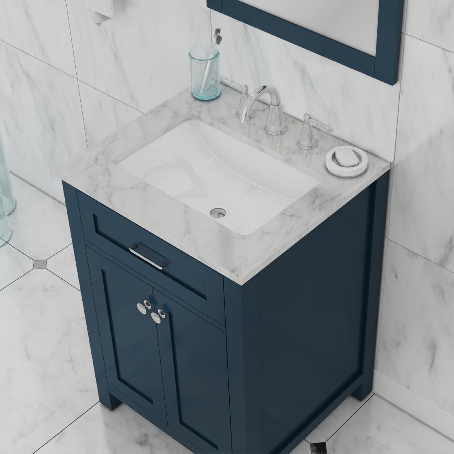 Alya Bath Norwalk 24" Single Blue Freestanding  Bathroom Vanity With Carrara Marble Top, C - HE-101-24-B-CWMT + HE-101/102-24-B-Meramic Sink and Wall Mounted Mirror