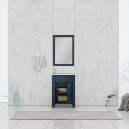 Alya Bath Norwalk 24" Single Blue Freestanding  Bathroom Vanity With Carrara Marble Top, C - HE-101-24-B-CWMT + HE-101/102-24-B-Meramic Sink and Wall Mounted Mirror