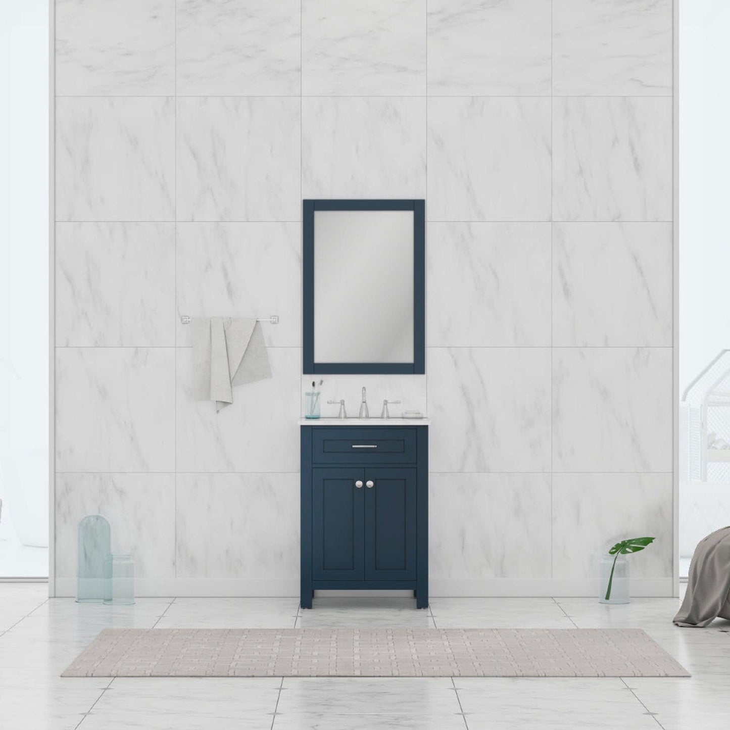 Alya Bath Norwalk 24" Single Blue Freestanding  Bathroom Vanity With Carrara Marble Top, C - HE-101-24-B-CWMT + HE-101/102-24-B-Meramic Sink and Wall Mounted Mirror