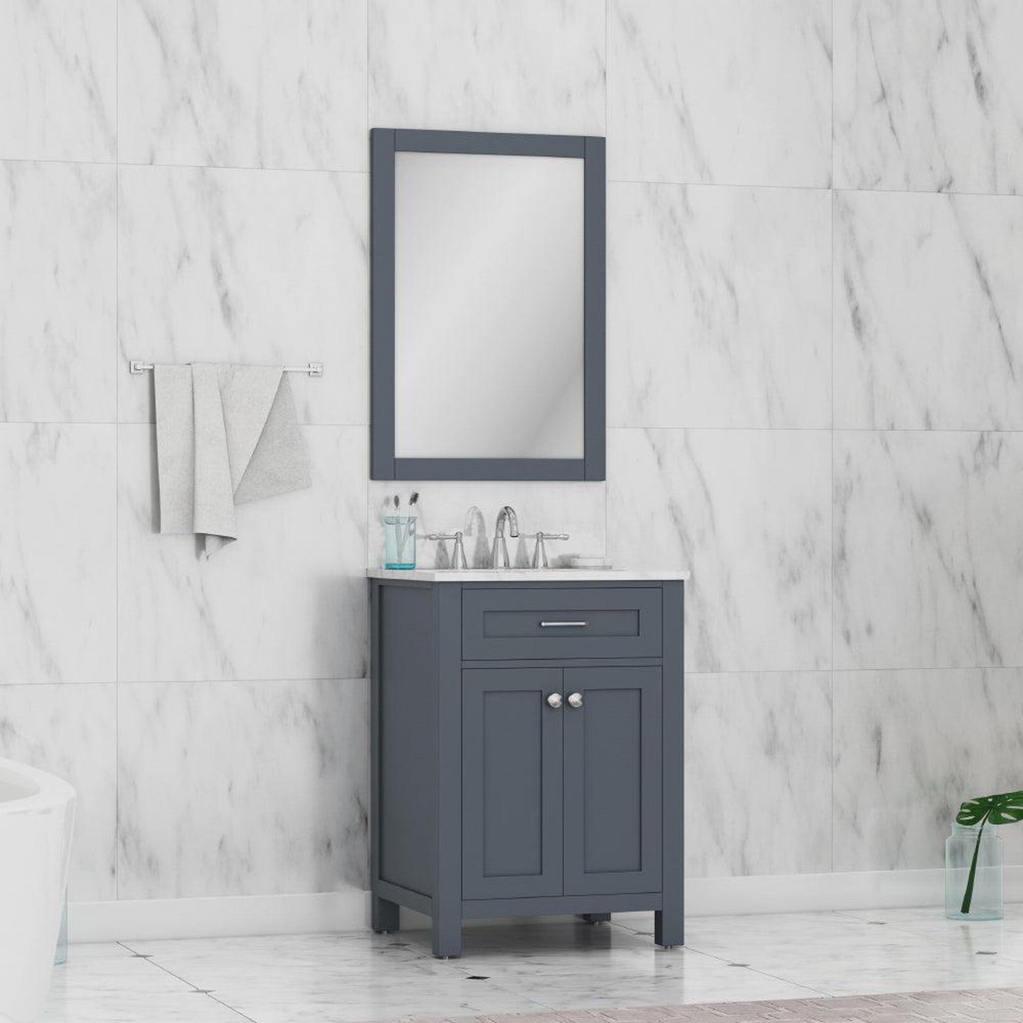 Alya Bath Norwalk 24" Single Gray Freestanding &nbsp;Bathroom Vanity With Carrara Marble Top, Ceramic Sink and Wall Mounted Mirror - HE-101-24-G-CWMT + HE-101/102-24-G-M