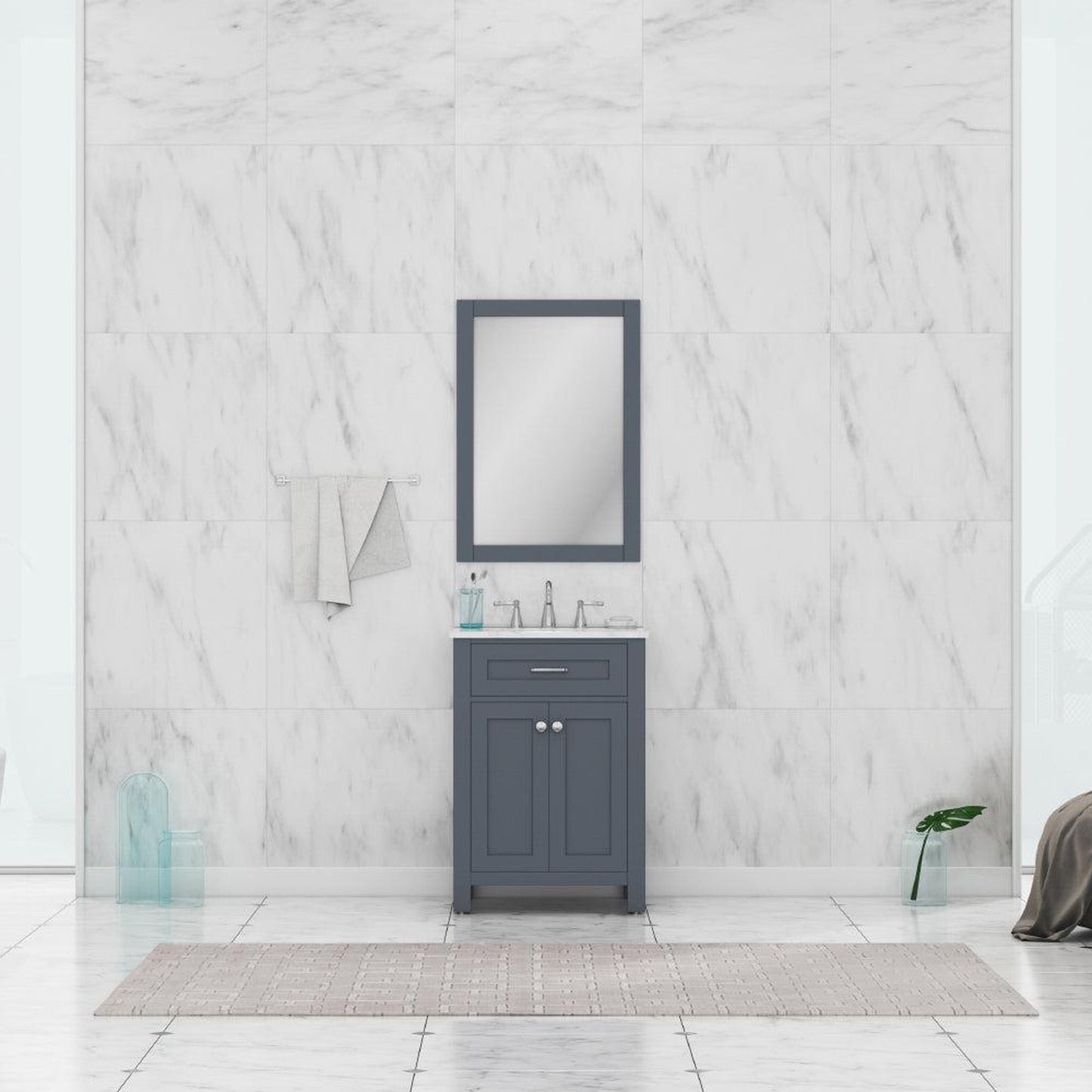 Alya Bath Norwalk 24" Single Gray Freestanding &nbsp;Bathroom Vanity With Carrara Marble Top, Ceramic Sink and Wall Mounted Mirror - HE-101-24-G-CWMT + HE-101/102-24-G-M