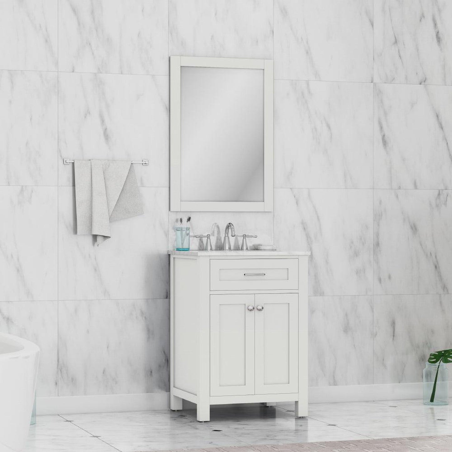 Alya Bath Norwalk 24" Single White Freestanding  Bathroom Vanity With Carrara Marble Top, C - HE-101-24-W-CWMT + HE-101/102-24-W-Meramic Sink and Wall Mounted Mirror