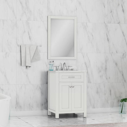 Alya Bath Norwalk 24" Single White Freestanding  Bathroom Vanity With Carrara Marble Top, C - HE-101-24-W-CWMT + HE-101/102-24-W-Meramic Sink and Wall Mounted Mirror