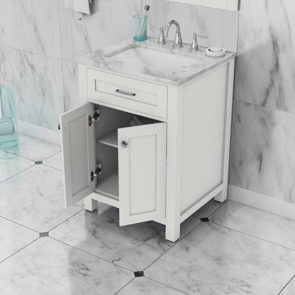Alya Bath Norwalk 24" Single White Freestanding  Bathroom Vanity With Carrara Marble Top, C - HE-101-24-W-CWMT + HE-101/102-24-W-Meramic Sink and Wall Mounted Mirror