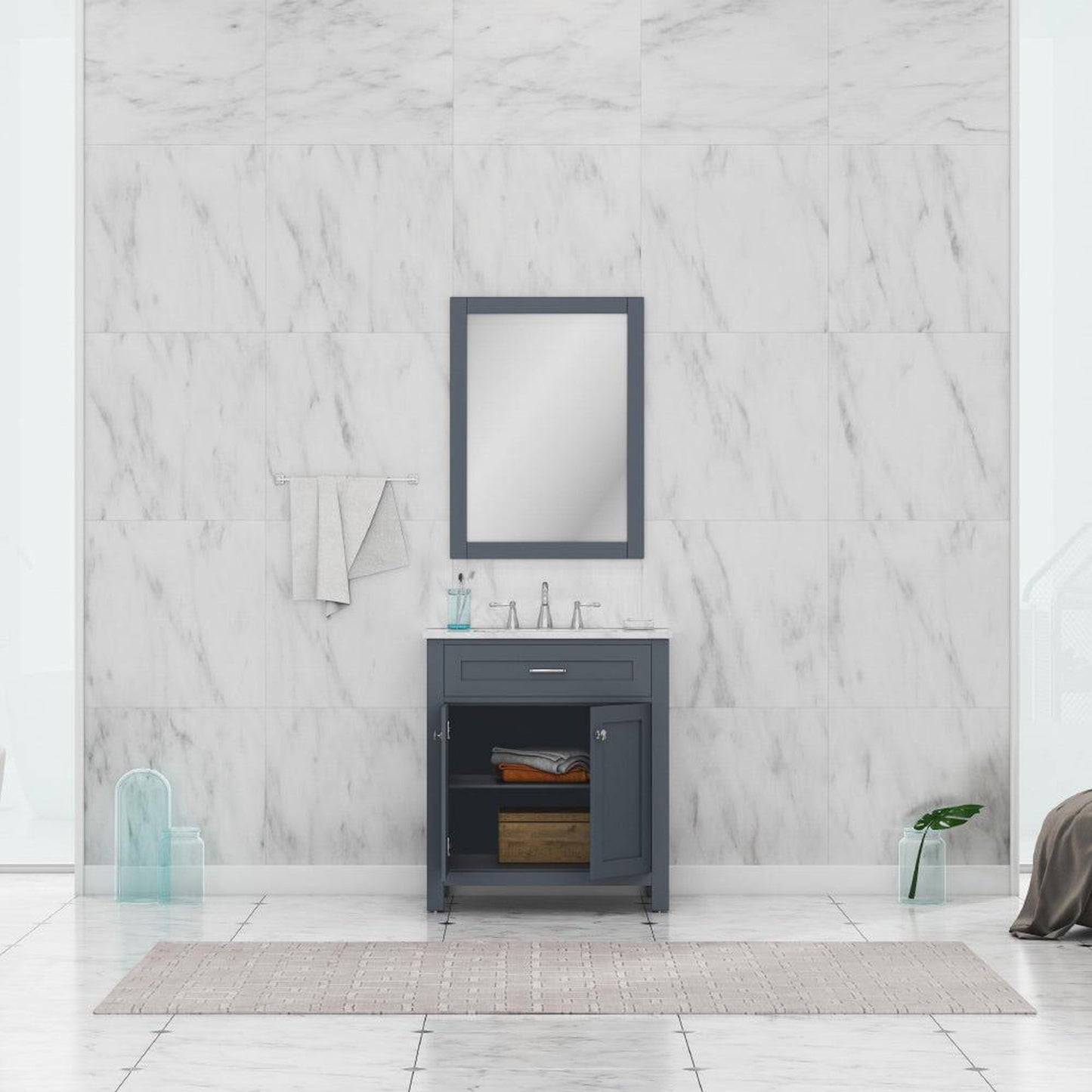 Alya Bath Norwalk 30" Single Gray Freestanding  Bathroom Vanity With Carrara Marble Top, C - HE-101-30-G-CWMT + HE-101/102-30-G-Meramic Sink and Wall Mounted Mirror