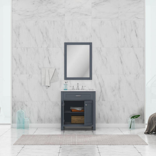 Alya Bath Norwalk 30" Single Gray Freestanding  Bathroom Vanity With Carrara Marble Top, C - HE-101-30-G-CWMT + HE-101/102-30-G-Meramic Sink and Wall Mounted Mirror