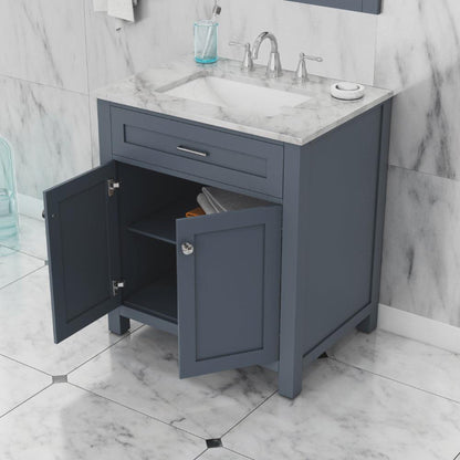 Alya Bath Norwalk 30" Single Gray Freestanding  Bathroom Vanity With Carrara Marble Top, C - HE-101-30-G-CWMT + HE-101/102-30-G-Meramic Sink and Wall Mounted Mirror