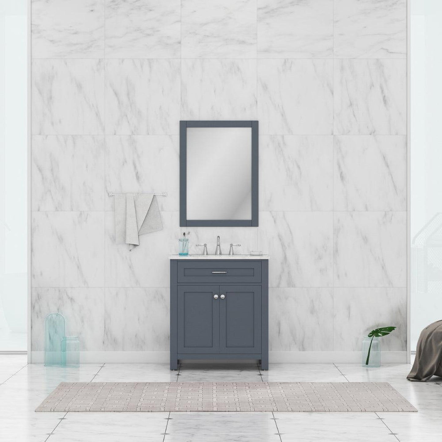 Alya Bath Norwalk 30" Single Gray Freestanding  Bathroom Vanity With Carrara Marble Top, C - HE-101-30-G-CWMT + HE-101/102-30-G-Meramic Sink and Wall Mounted Mirror