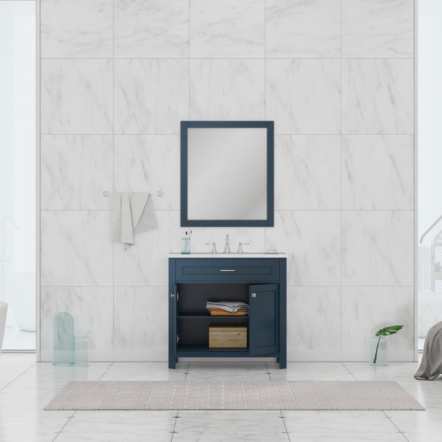 Alya Bath Norwalk 36" Single Blue Freestanding  Bathroom Vanity With Carrara Marble Top, Ceramic Sink and Wall Mounted Mirror - HE-101-36-B-CWMT + HE-101/102-36-B-M