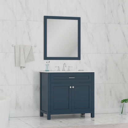 Alya Bath Norwalk 36" Single Blue Freestanding  Bathroom Vanity With Carrara Marble Top, Ceramic Sink and Wall Mounted Mirror - HE-101-36-B-CWMT + HE-101/102-36-B-M