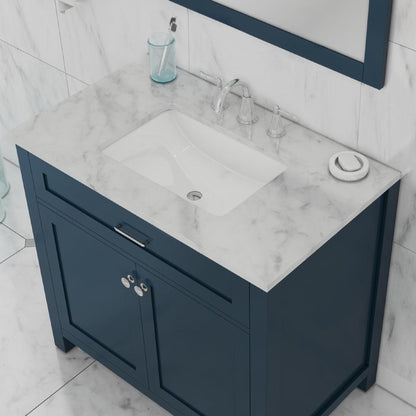 Alya Bath Norwalk 36" Single Blue Freestanding  Bathroom Vanity With Carrara Marble Top, Ceramic Sink and Wall Mounted Mirror - HE-101-36-B-CWMT + HE-101/102-36-B-M
