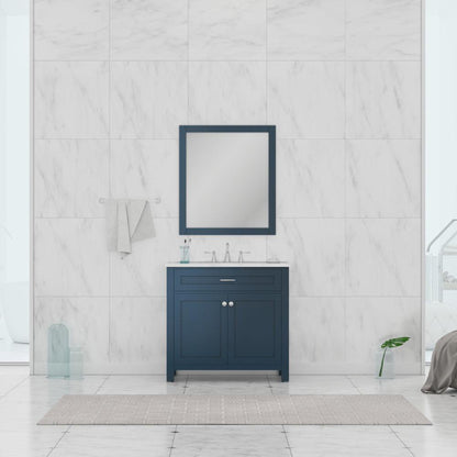 Alya Bath Norwalk 36" Single Blue Freestanding  Bathroom Vanity With Carrara Marble Top, Ceramic Sink and Wall Mounted Mirror - HE-101-36-B-CWMT + HE-101/102-36-B-M