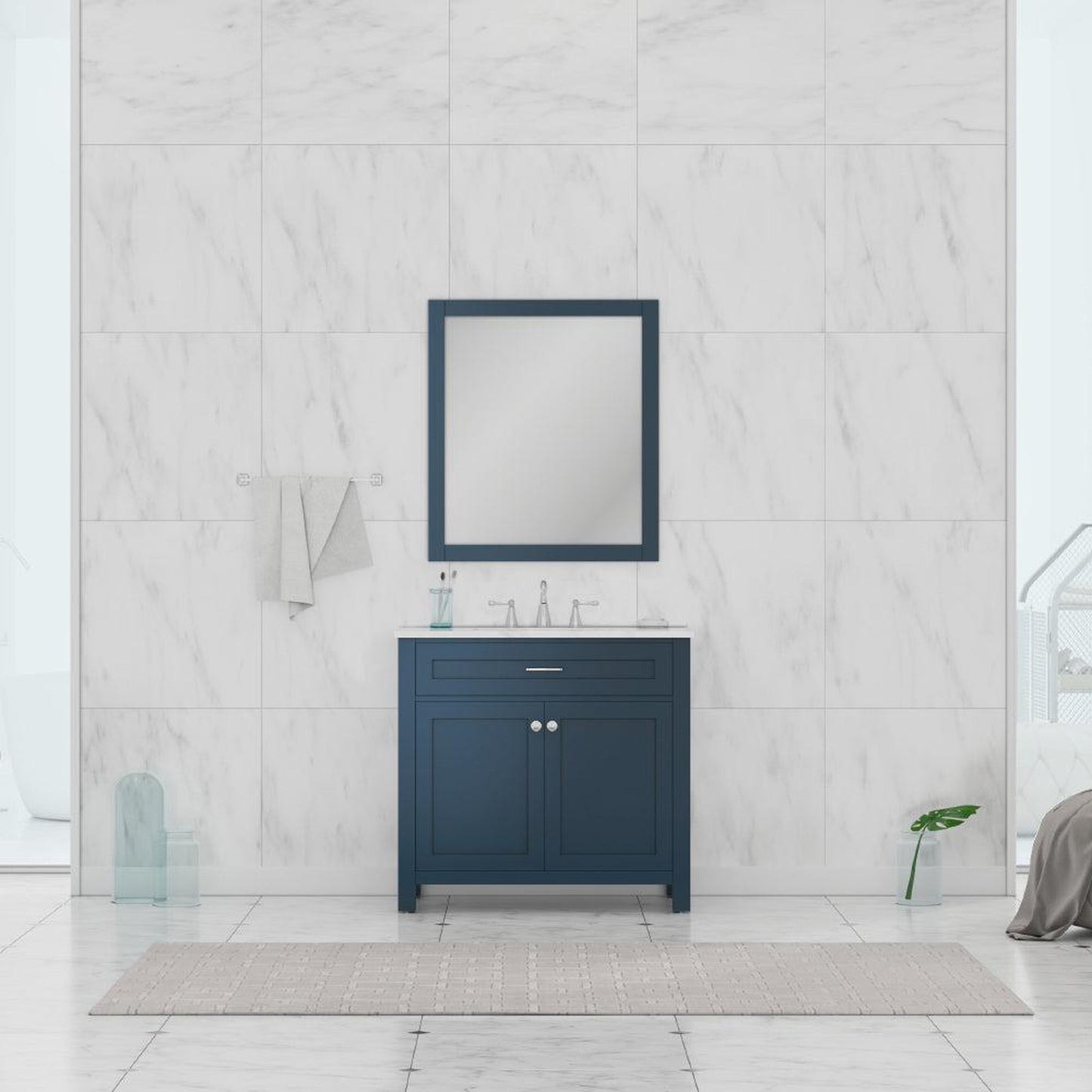 Alya Bath Norwalk 36" Single Blue Freestanding  Bathroom Vanity With Carrara Marble Top, Ceramic Sink and Wall Mounted Mirror - HE-101-36-B-CWMT + HE-101/102-36-B-M
