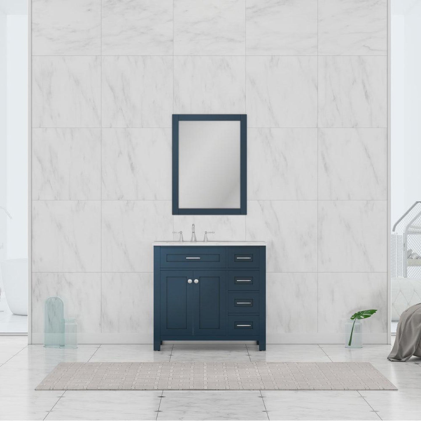Alya Bath Norwalk 36" Single Blue Freestanding Bathroom Vanity With Drawers, Carrara Marble Top and Ceramic Sink and Wall Mounted Mirror - HE-101-36-DR-B-CWMT + HE-101/102-36-B-M