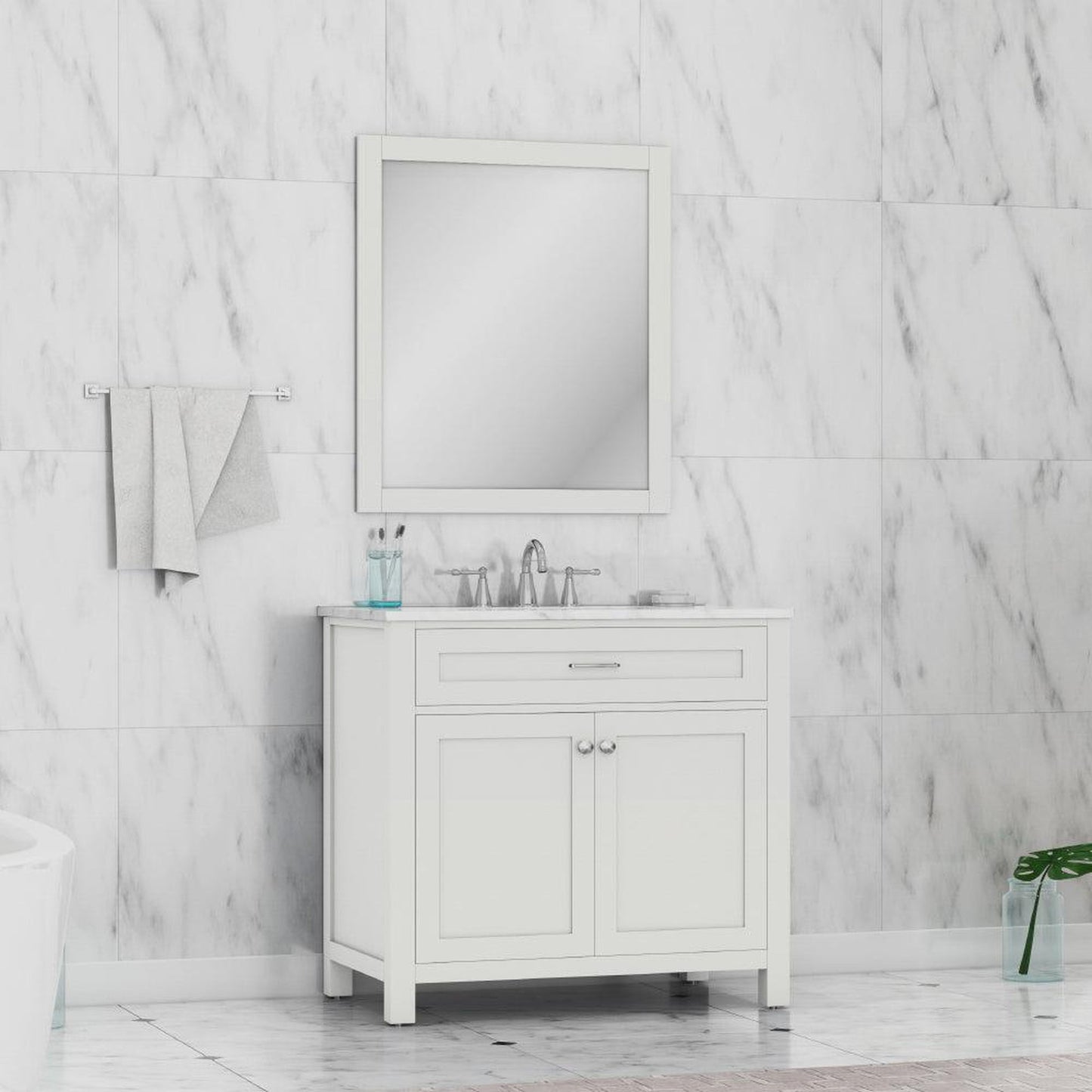 Alya Bath Norwalk 36" Single White Freestanding &nbsp;Bathroom Vanity With Carrara Marble Top, &nbsp;- HE-101-36-W-CWMT + HE-101/102-36-W-MCeramic Sink and Wall Mounted Mirror - HE-101-36-W-CWMT + HE-101/102-36-W-M