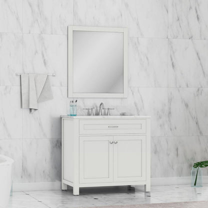 Alya Bath Norwalk 36" Single White Freestanding &nbsp;Bathroom Vanity With Carrara Marble Top, &nbsp;- HE-101-36-W-CWMT + HE-101/102-36-W-MCeramic Sink and Wall Mounted Mirror - HE-101-36-W-CWMT + HE-101/102-36-W-M