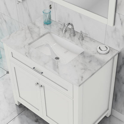 Alya Bath Norwalk 36" Single White Freestanding &nbsp;Bathroom Vanity With Carrara Marble Top, &nbsp;- HE-101-36-W-CWMT + HE-101/102-36-W-MCeramic Sink and Wall Mounted Mirror - HE-101-36-W-CWMT + HE-101/102-36-W-M