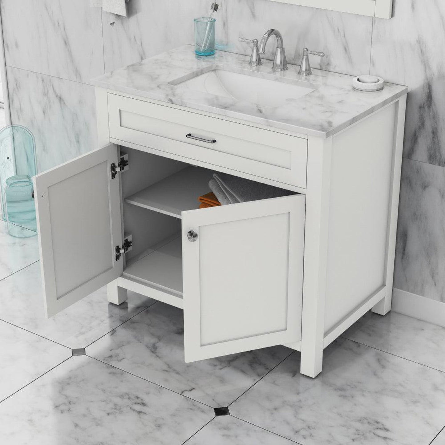 Alya Bath Norwalk 36" Single White Freestanding &nbsp;Bathroom Vanity With Carrara Marble Top, &nbsp;- HE-101-36-W-CWMT + HE-101/102-36-W-MCeramic Sink and Wall Mounted Mirror - HE-101-36-W-CWMT + HE-101/102-36-W-M