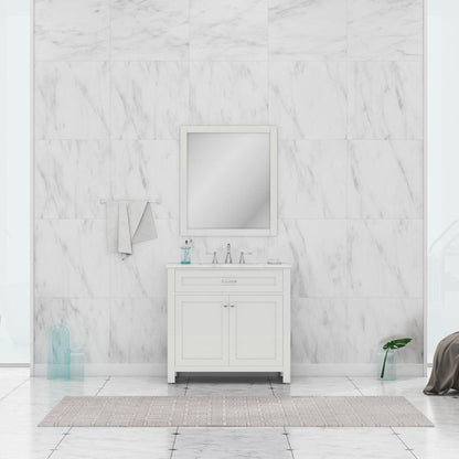 Alya Bath Norwalk 36" Single White Freestanding &nbsp;Bathroom Vanity With Carrara Marble Top, &nbsp;- HE-101-36-W-CWMT + HE-101/102-36-W-MCeramic Sink and Wall Mounted Mirror - HE-101-36-W-CWMT + HE-101/102-36-W-M