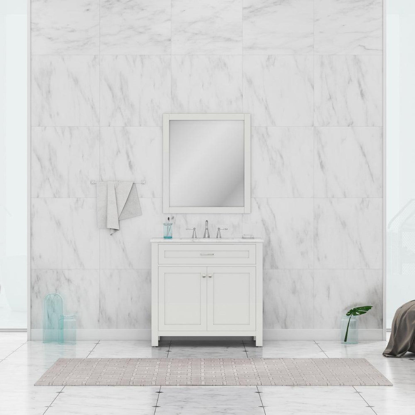 Alya Bath Norwalk 36" Single White Freestanding &nbsp;Bathroom Vanity With Carrara Marble Top, &nbsp;- HE-101-36-W-CWMT + HE-101/102-36-W-MCeramic Sink and Wall Mounted Mirror - HE-101-36-W-CWMT + HE-101/102-36-W-M