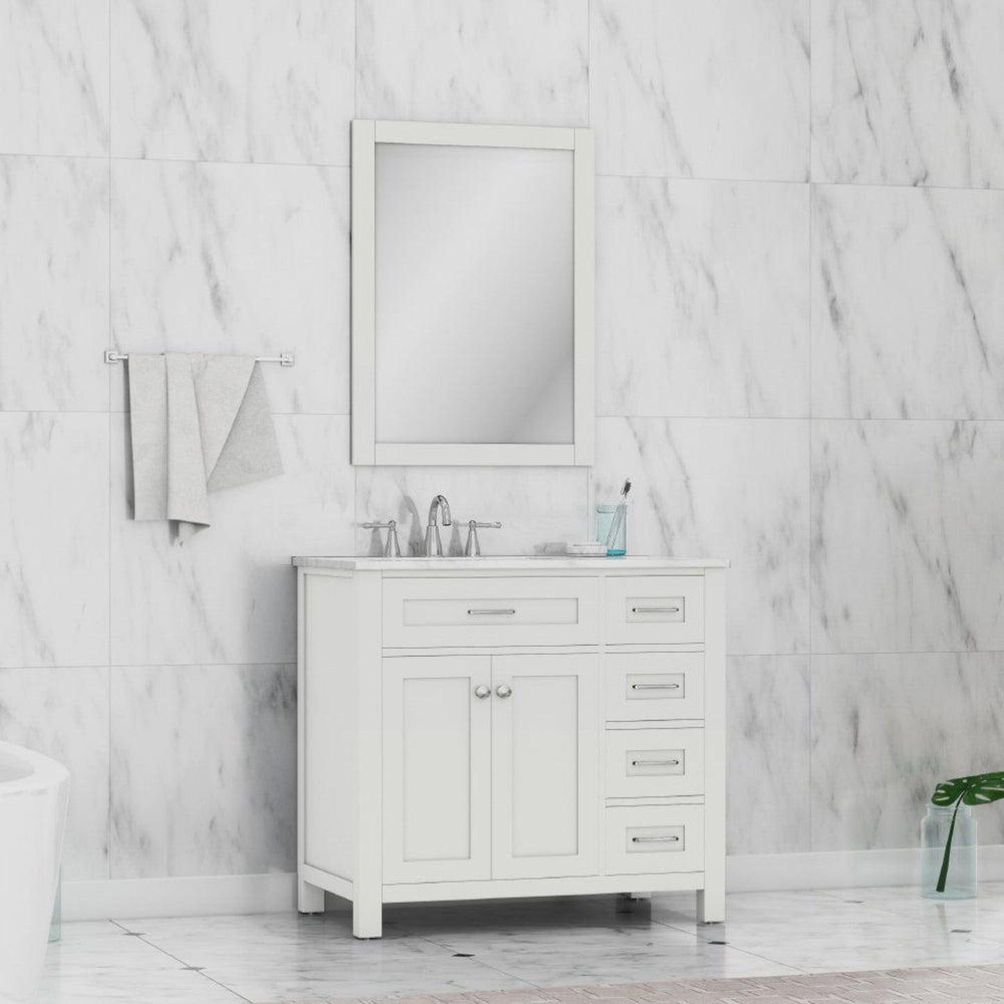 Alya Bath Norwalk 36" Single White Freestanding  Bathroom Vanity With Drawers, Carrara Marble Top and Ceramic Sink and Wall Mounted Mirror - HE-101-36-DR-W-CWMT + HE-101/102-36-W-M