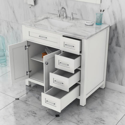 Alya Bath Norwalk 36" Single White Freestanding  Bathroom Vanity With Drawers, Carrara Marble Top and Ceramic Sink and Wall Mounted Mirror - HE-101-36-DR-W-CWMT + HE-101/102-36-W-M