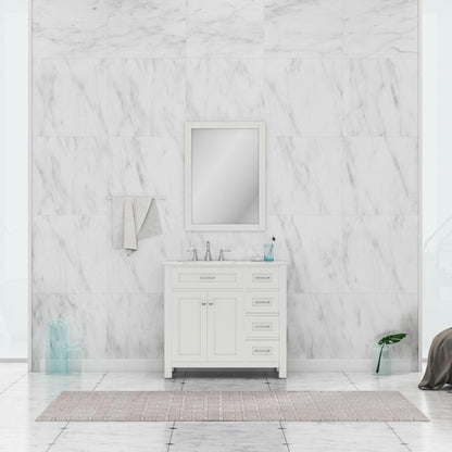 Alya Bath Norwalk 36" Single White Freestanding  Bathroom Vanity With Drawers, Carrara Marble Top and Ceramic Sink and Wall Mounted Mirror - HE-101-36-DR-W-CWMT + HE-101/102-36-W-M