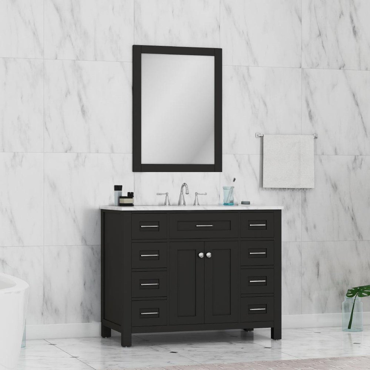 Alya Bath Norwalk 42" Single Espresso Freestanding  Bathroom Vanity With Carrara Marble Top, Ceramic Sink and Wall Mounted Mirror - HE-101-42-E-CWMT + HE-101/102-42-E-M