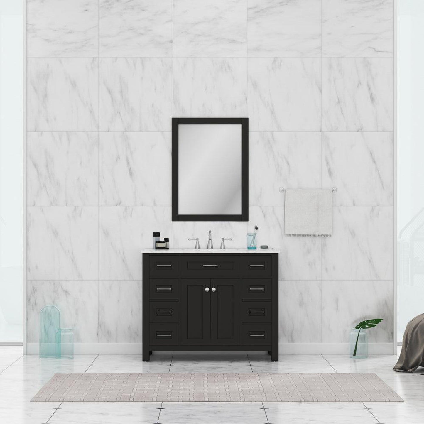 Alya Bath Norwalk 42" Single Espresso Freestanding  Bathroom Vanity With Carrara Marble Top, Ceramic Sink and Wall Mounted Mirror - HE-101-42-E-CWMT + HE-101/102-42-E-M