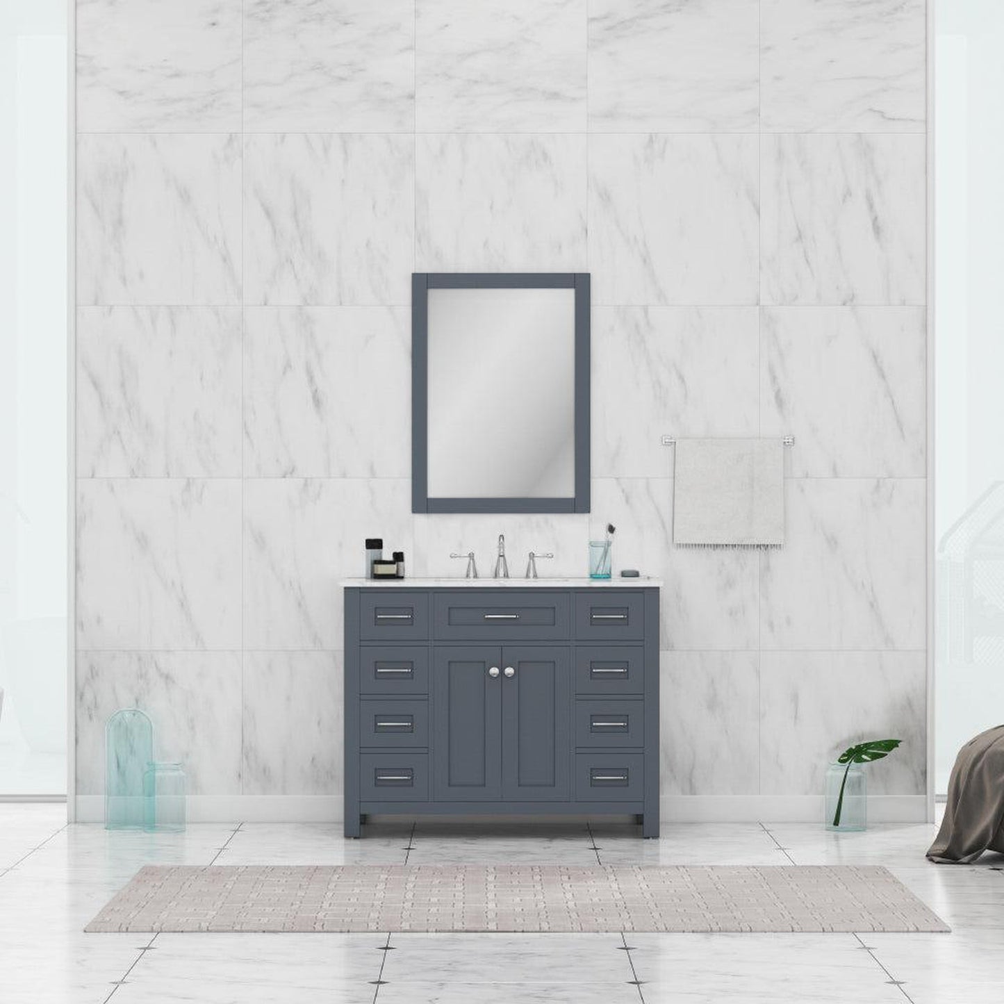 Alya Bath Norwalk 42" Single Gray Freestanding  Bathroom Vanity With Carrara Marble Top, Ceramic Sink and Wall Mounted Mirror - HE-101-42-G-CWMT + HE-101/102-42-W-M