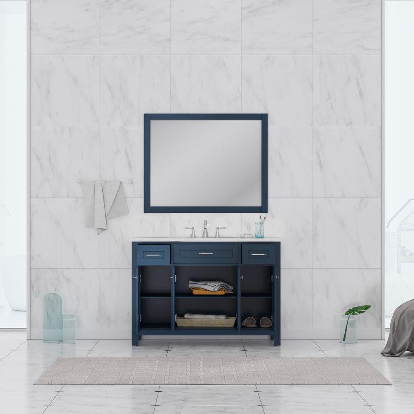 Alya Bath Norwalk 48" Single Blue Freestanding Bathroom Vanity With Carrara Marble Top, Ceramic Sink and Wall Mounted Mirror - HE-101-48-B-CWMT + HE-101/102-42-B-M