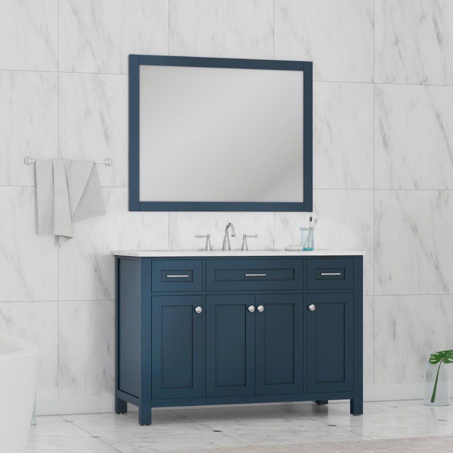 Alya Bath Norwalk 48" Single Blue Freestanding Bathroom Vanity With Carrara Marble Top, Ceramic Sink and Wall Mounted Mirror - HE-101-48-B-CWMT + HE-101/102-42-B-M