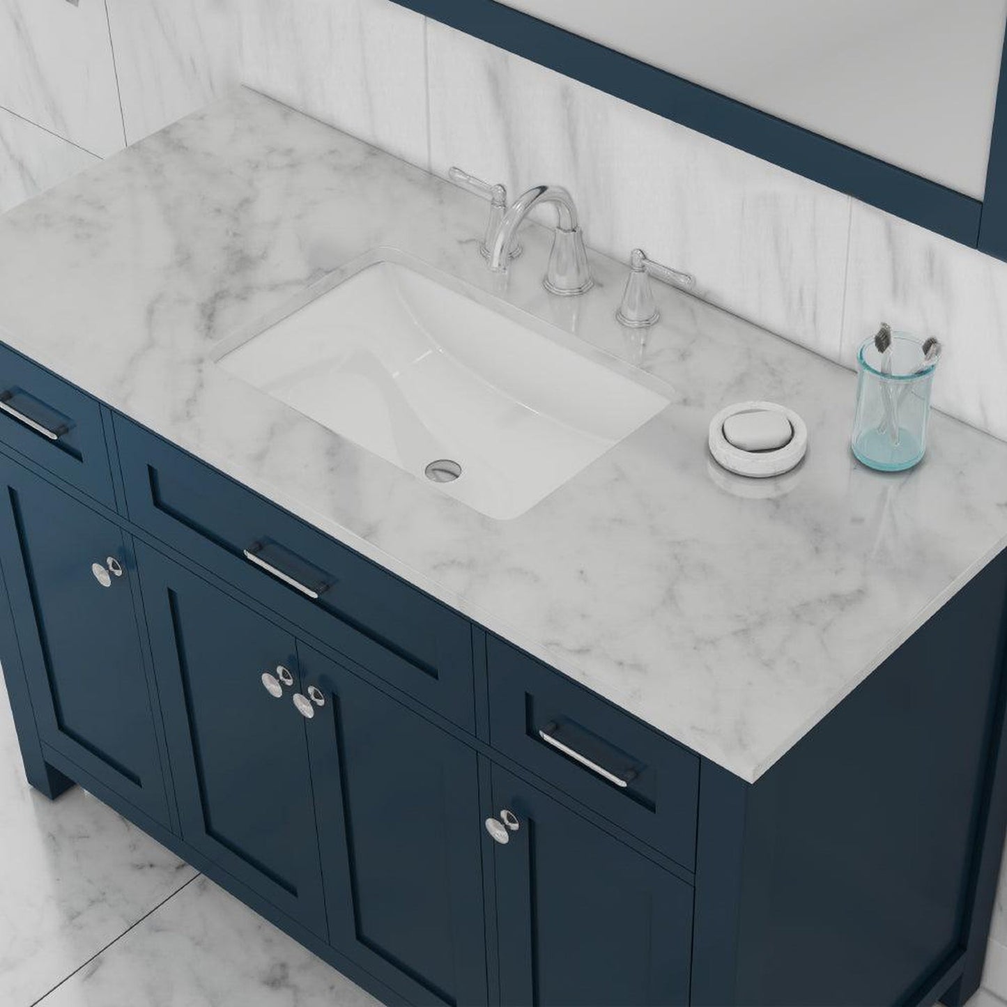 Alya Bath Norwalk 48" Single Blue Freestanding Bathroom Vanity With Carrara Marble Top, Ceramic Sink and Wall Mounted Mirror - HE-101-48-B-CWMT + HE-101/102-42-B-M