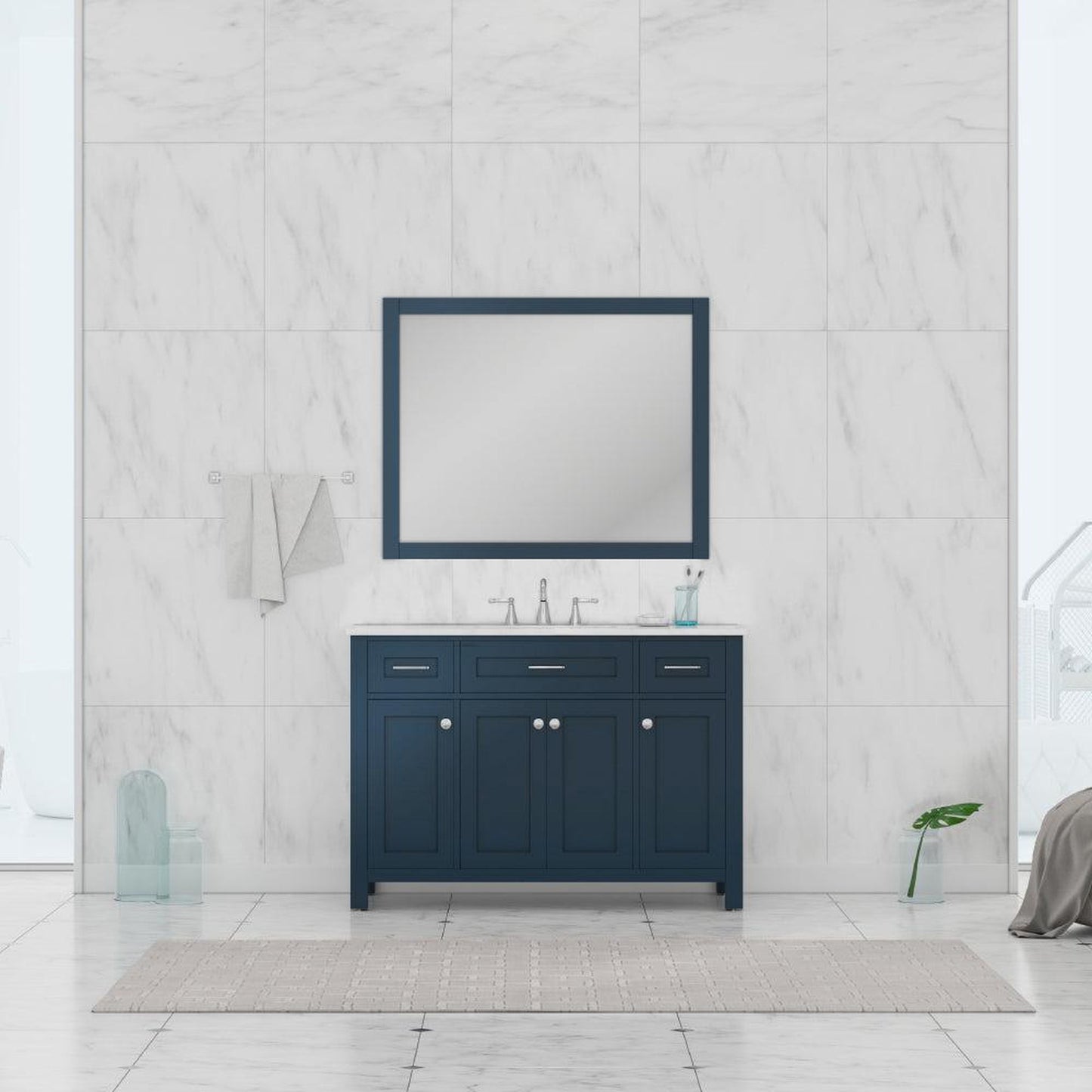Alya Bath Norwalk 48" Single Blue Freestanding Bathroom Vanity With Carrara Marble Top, Ceramic Sink and Wall Mounted Mirror - HE-101-48-B-CWMT + HE-101/102-42-B-M