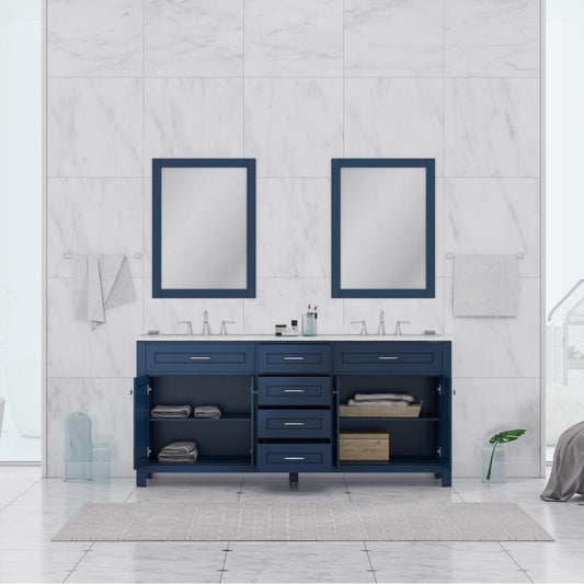 Alya Bath Norwalk 72" Double Blue Freestanding Bathroom Vanity With Carrara Marble Top, Ceramic Sink and Two Mirrors - HE-101-72D-B-CWMT + 2x HE-101/102-30-B-M