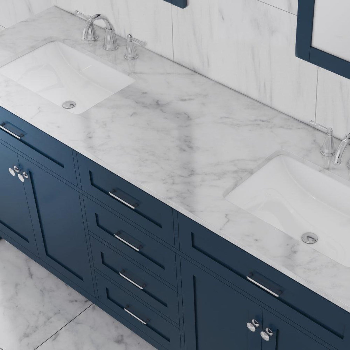 Alya Bath Norwalk 72" Double Blue Freestanding Bathroom Vanity With Carrara Marble Top, Ceramic Sink and Two Mirrors - HE-101-72D-B-CWMT + 2x HE-101/102-30-B-M