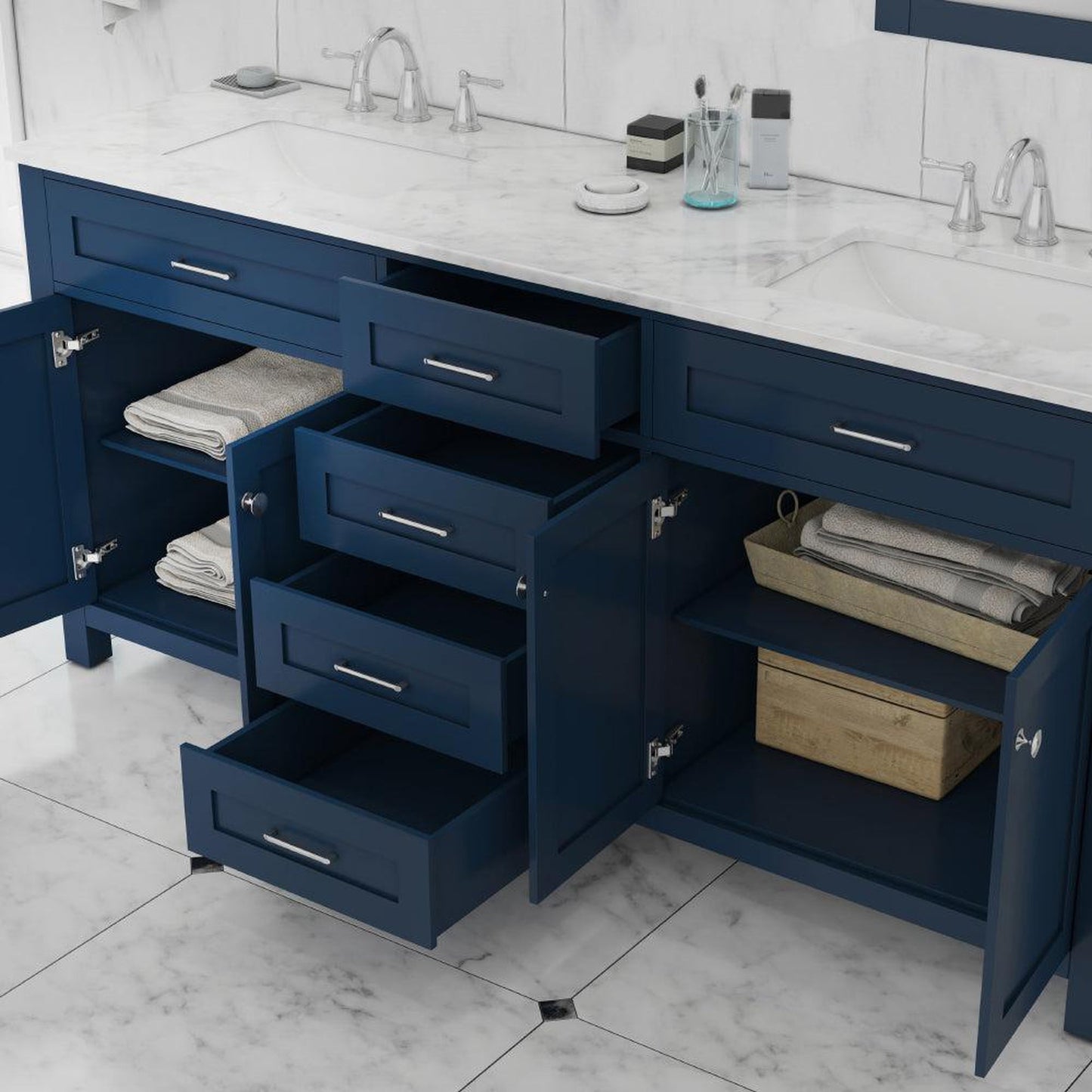 Alya Bath Norwalk 72" Double Blue Freestanding Bathroom Vanity With Carrara Marble Top, Ceramic Sink and Two Mirrors - HE-101-72D-B-CWMT + 2x HE-101/102-30-B-M