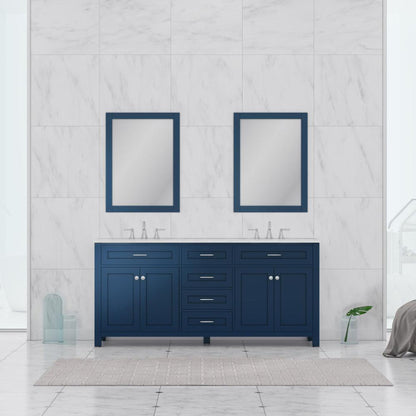 Alya Bath Norwalk 72" Double Blue Freestanding Bathroom Vanity With Carrara Marble Top, Ceramic Sink and Two Mirrors - HE-101-72D-B-CWMT + 2x HE-101/102-30-B-M