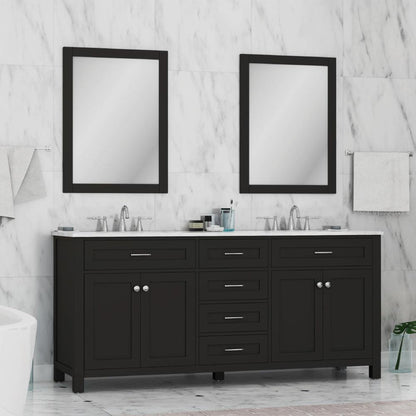 Alya Bath Norwalk 72" Double Espresso Freestanding  Bathroom Vanity With Carrara Marble Top, Ceramic Sink and Two Mirrors - HE-101-72D-E-CWMT + 2x HE-101/102-30-E-M