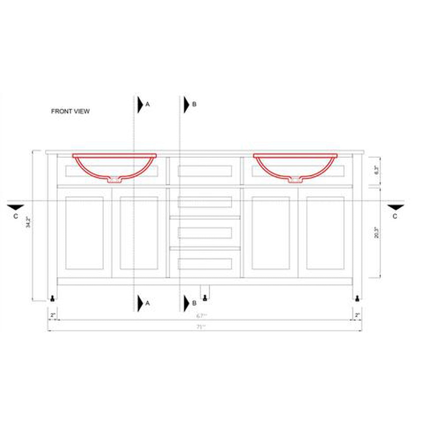 Alya Bath Norwalk 72" Double Espresso Freestanding  Bathroom Vanity With Carrara Marble Top, Ceramic Sink and Two Mirrors - HE-101-72D-E-CWMT + 2x HE-101/102-30-E-M