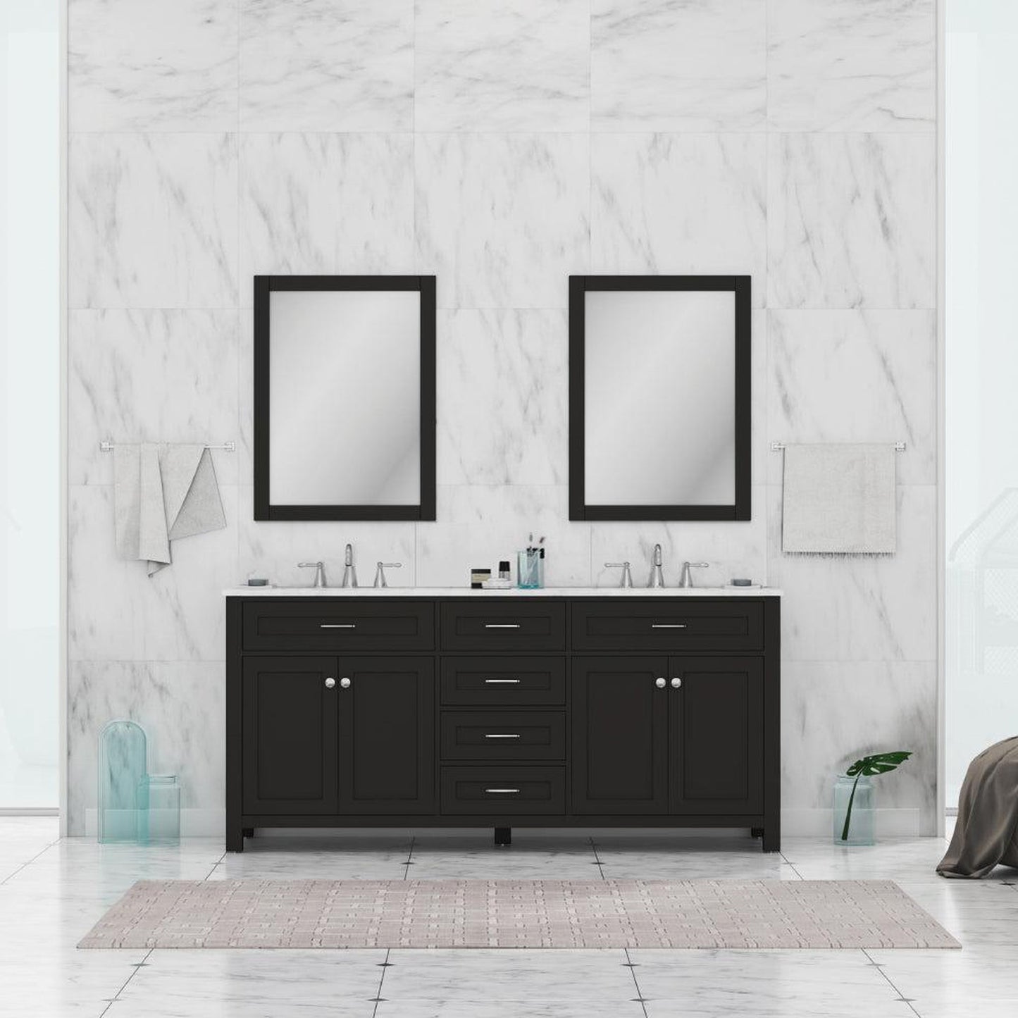 Alya Bath Norwalk 72" Double Espresso Freestanding  Bathroom Vanity With Carrara Marble Top, Ceramic Sink and Two Mirrors - HE-101-72D-E-CWMT + 2x HE-101/102-30-E-M