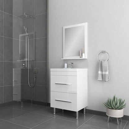 Alya Bath Ripley 24" Single White Modern Freestanding Single Bathroom Vanity With Integrated Acrylic Top, Acrylic Sink and Wall Mounted Mirror - AT-8080-W+AT-24-M-W