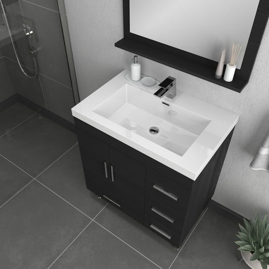 Alya Bath Ripley  30" Single Black Modern Freestanding  Bathroom Vanity With drawers, Integrated Acrylic Top, Acrylic Sink and Wall Mounted Mirror - AT-8050-B+AT-30-M-B