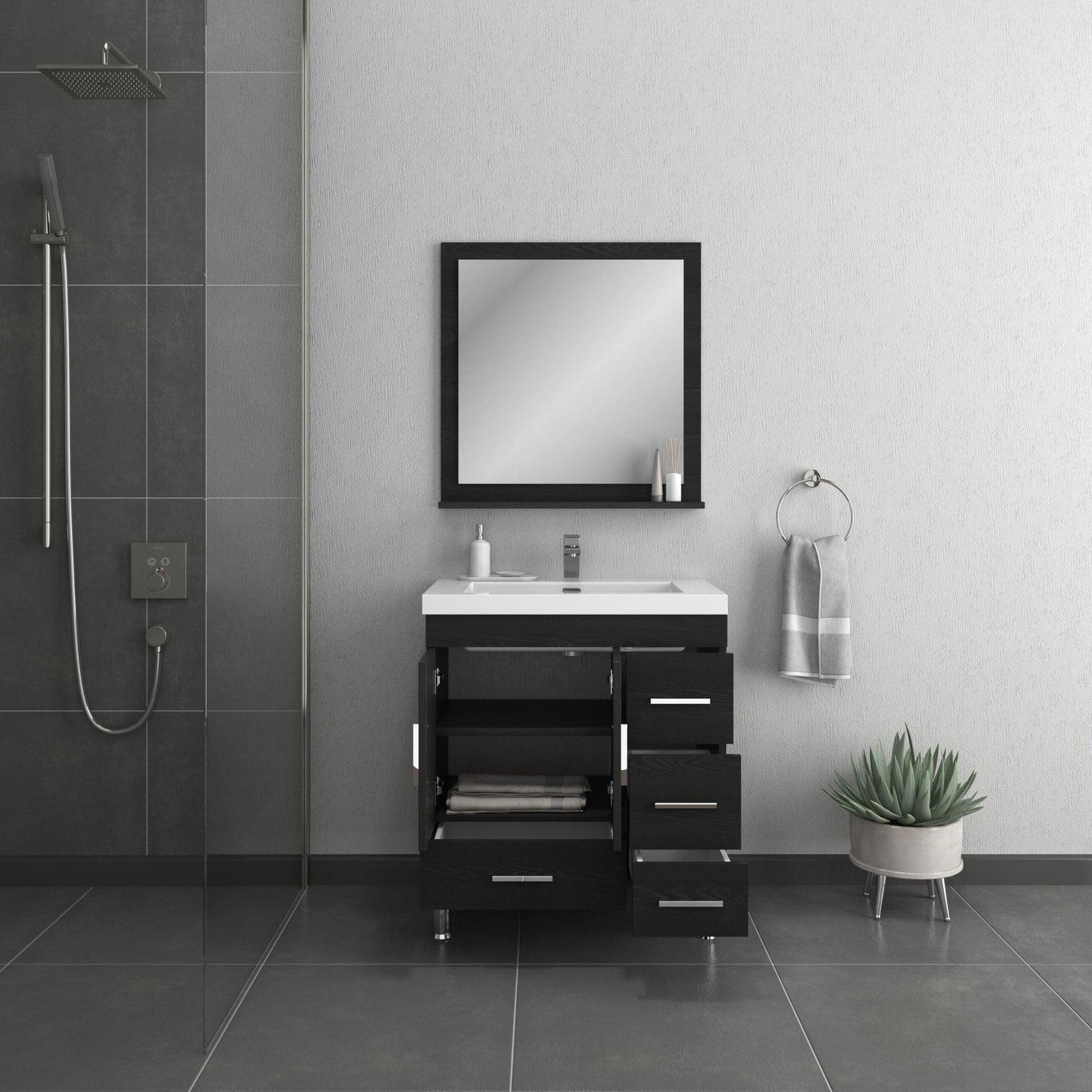 Alya Bath Ripley  30" Single Black Modern Freestanding  Bathroom Vanity With drawers, Integrated Acrylic Top, Acrylic Sink and Wall Mounted Mirror - AT-8050-B+AT-30-M-B