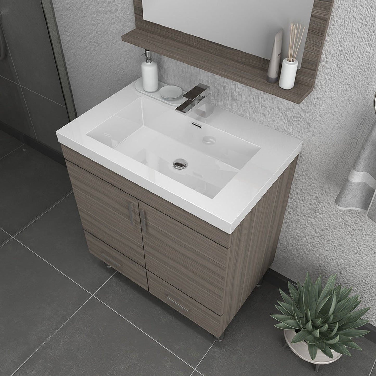 Alya Bath Ripley  30" Single Gray Modern Freestanding  Bathroom Vanity With Integrated Acrylic Top, Acrylic Sink and Wall Mounted Mirror - AT-8085-G+AT-30-M-G