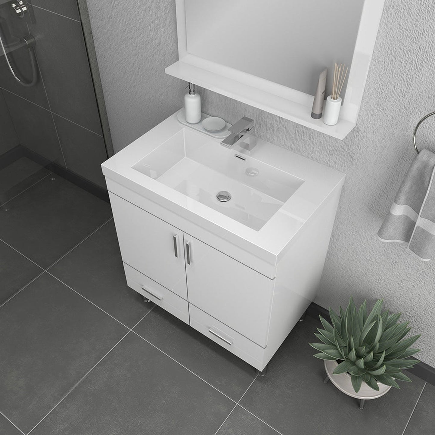 Alya Bath Ripley  30" Single White Modern Freestanding  Bathroom Vanity With Integrated Acrylic Top, Acrylic Sink and Wall Mounted Mirror - AT-8085-W+AT-30-M-W