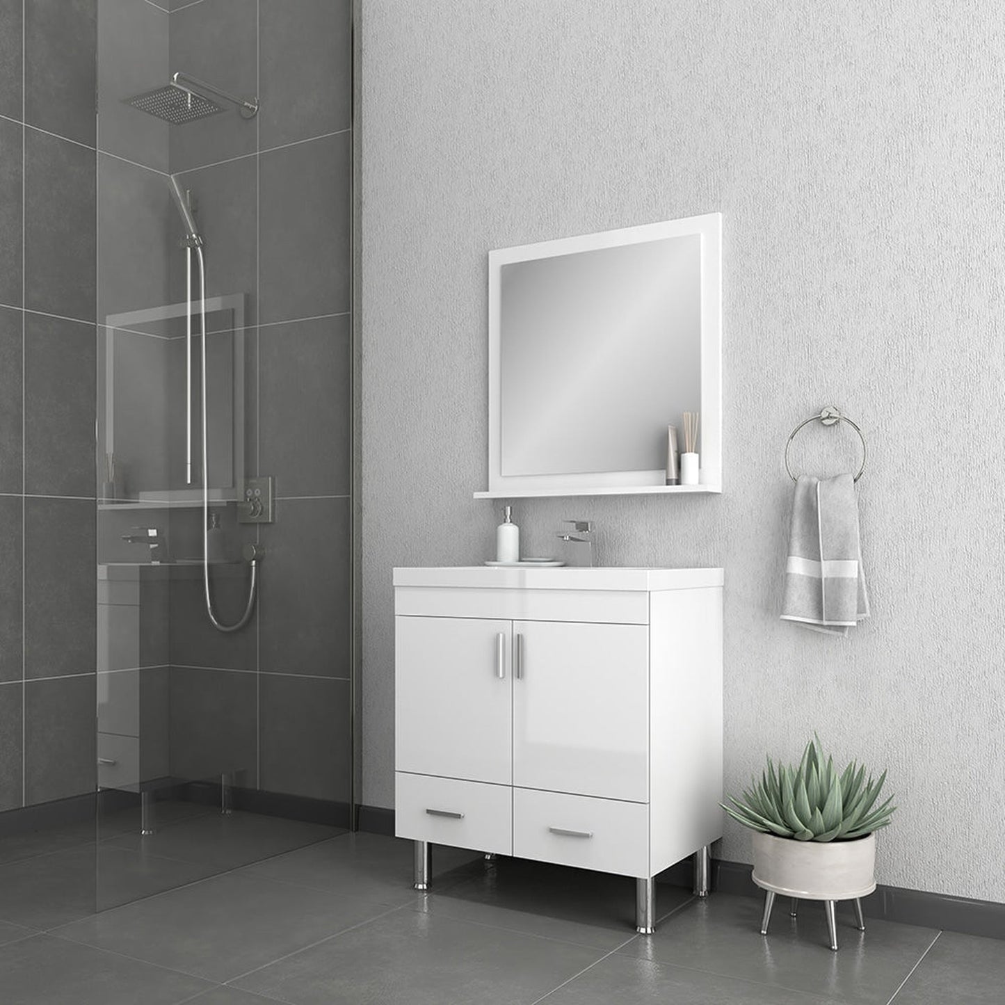Alya Bath Ripley  30" Single White Modern Freestanding  Bathroom Vanity With Integrated Acrylic Top, Acrylic Sink and Wall Mounted Mirror - AT-8085-W+AT-30-M-W
