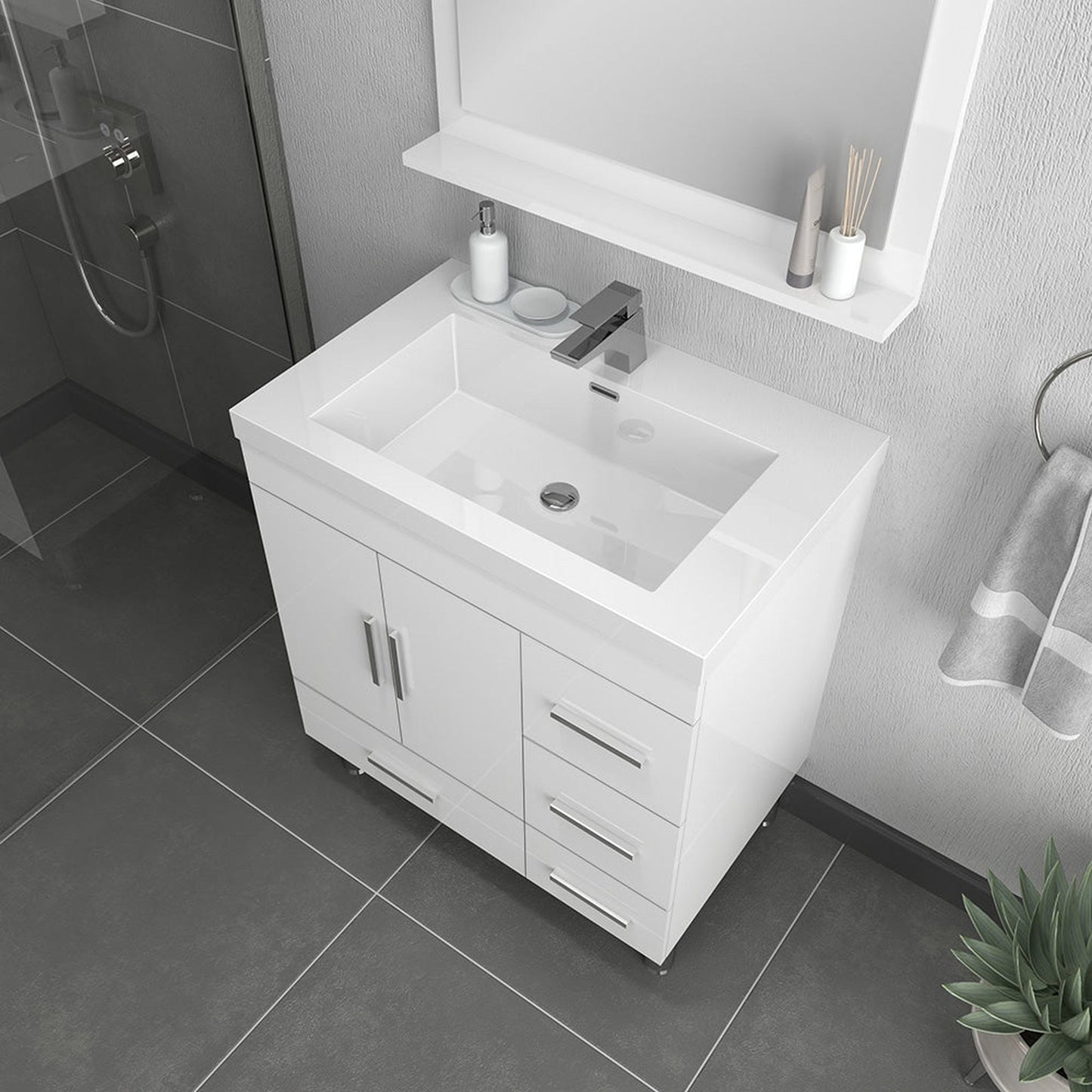Alya Bath Ripley  30" Single White Modern Freestanding  Bathroom Vanity With drawers, Integrated Acrylic Top, Acrylic Sink and Wall Mounted Mirror - AT-8050-W+AT-30-M-W