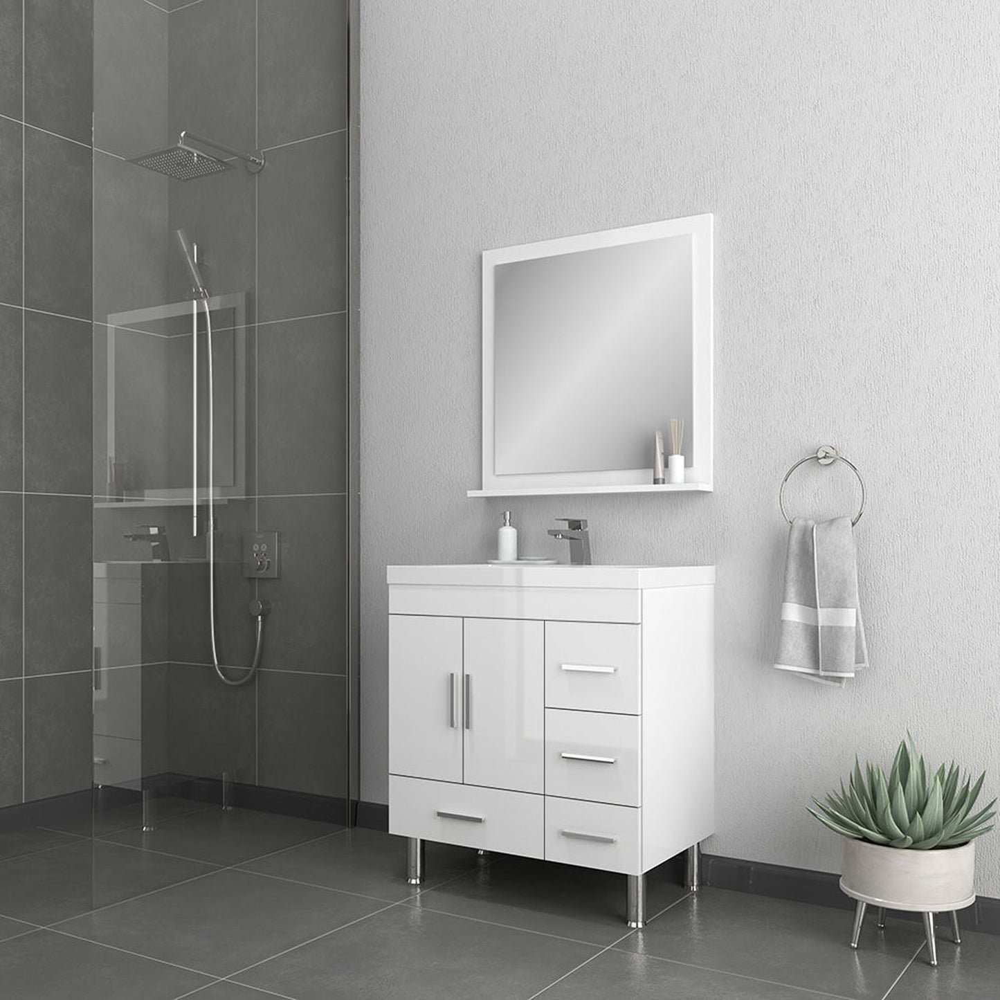 Alya Bath Ripley  30" Single White Modern Freestanding  Bathroom Vanity With drawers, Integrated Acrylic Top, Acrylic Sink and Wall Mounted Mirror - AT-8050-W+AT-30-M-W